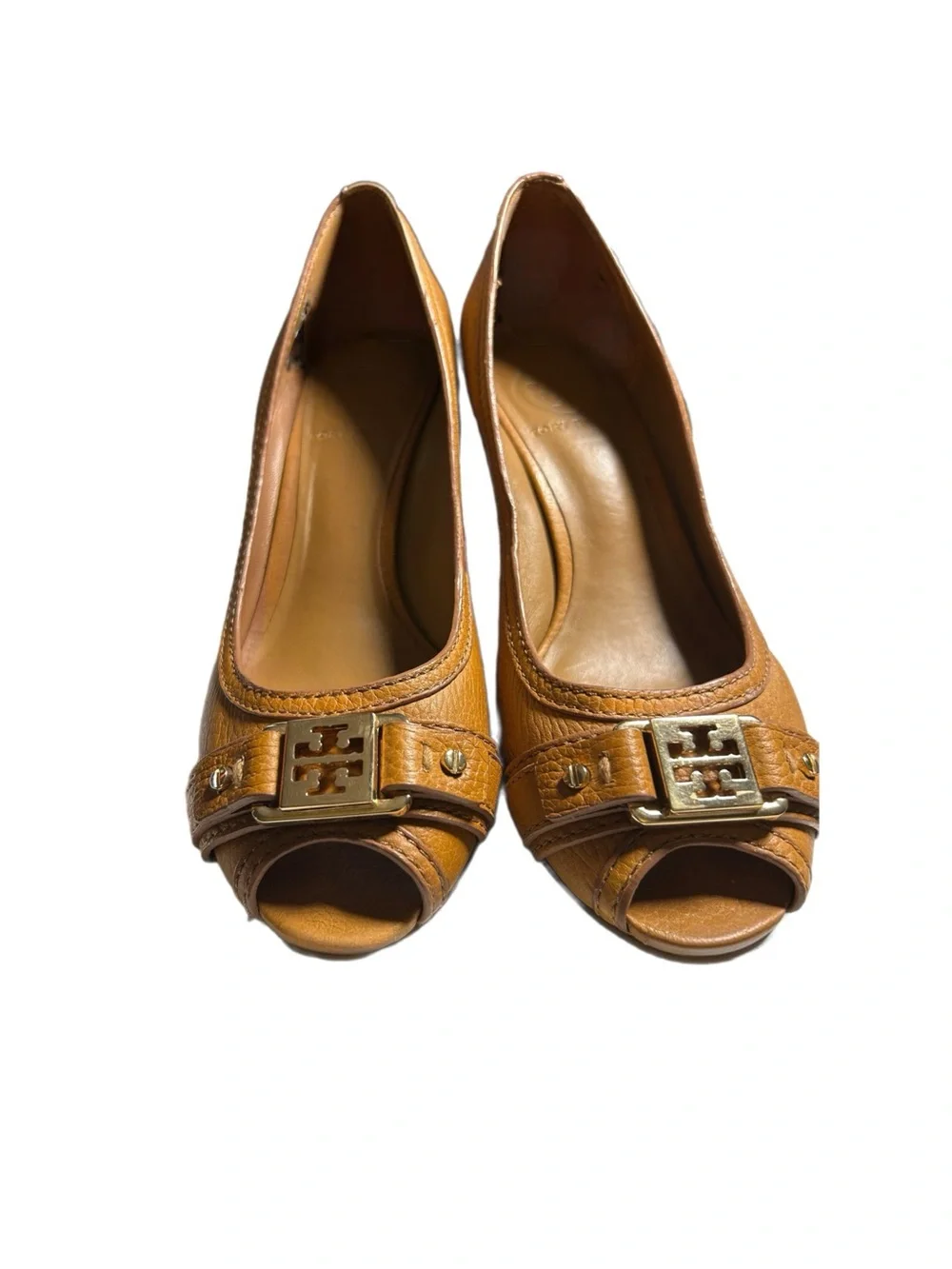 Tory Burch Ambrose Peep Toe Wedge Pumps Tan Pebbled Leather Gold Logo 7